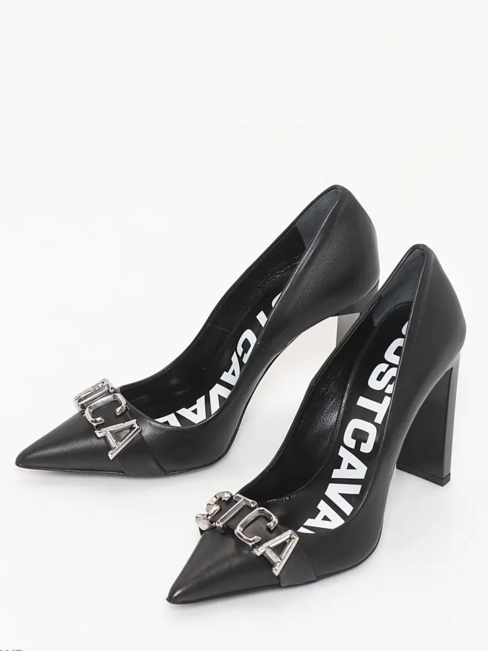 Just Cavalli Black Pointed-Toe Pumps with Silver Logo Chain